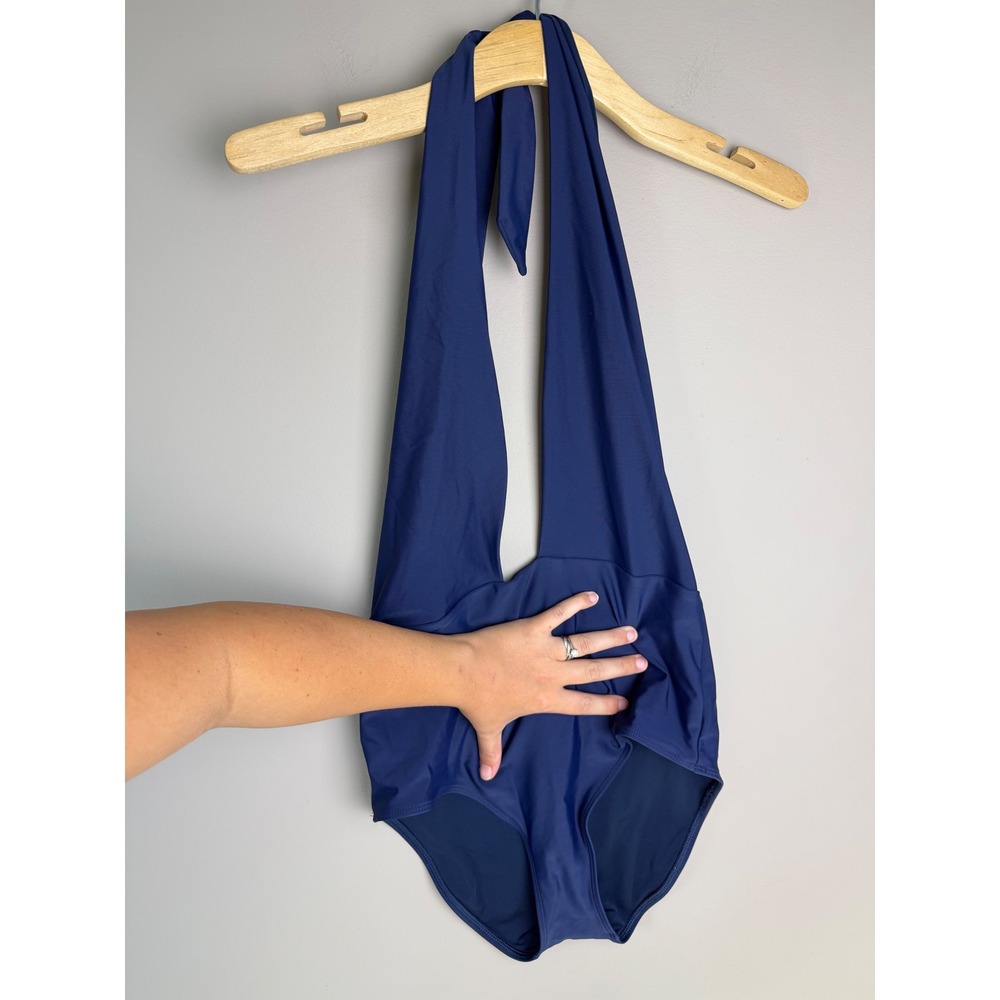 Aerie Women Navy Blue Plunging Halter One Piece Swimsuit Size M Medium